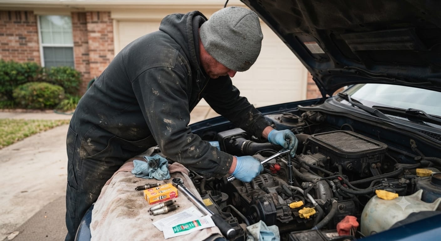 Engine bay maintenance work with tools and parts visible